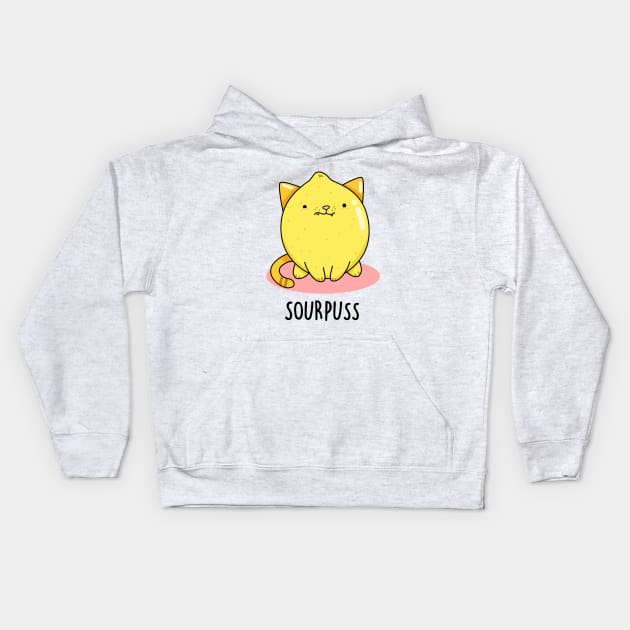 Sour Puss Cute Cat Lemon Pun Kids Hoodie by punnybone